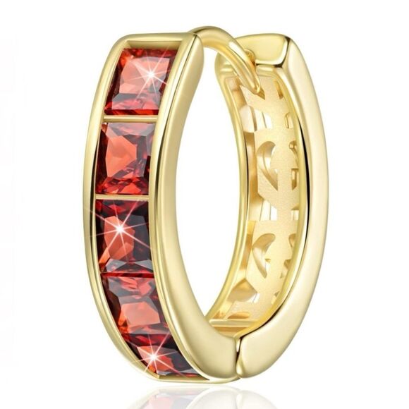 14K Yellow Gold with Red Garnet Cubic Zirconia Princess Cut Huggie Earrings - Picture 2 of 5